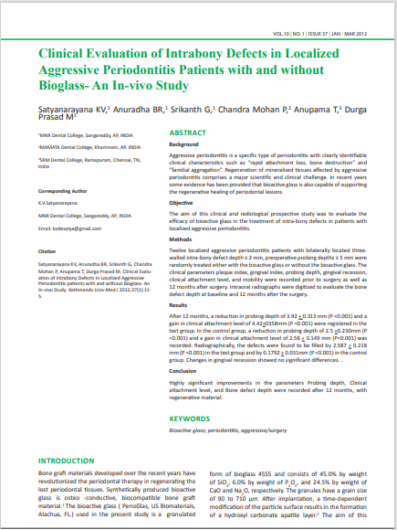 Clinical Evaluation of Intrabony Defects in Localized Aggressive Periodontitis Patients with and without Bioglass- An In-vivo Study
