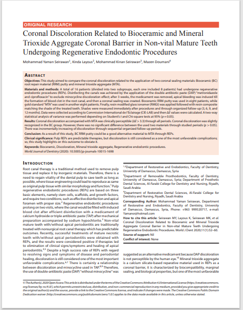 Coronal Discoloration Related to Bioceramic and Mineral Trioxide Aggregate Coronal Barrier in Non-vital Mature Teeth Undergoing Regenerative Endodontic Procedures