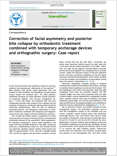 Correction of facial asymmetry and posterior bite collapse by orthodontic treatment combined with temporary anchorage devices and orthognathic surgery: Case report