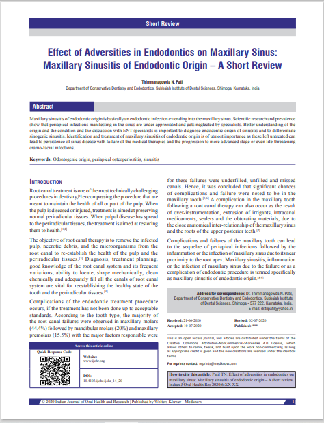 Effect of Adversities in Endodontics on Maxillary Sinus: Maxillary Sinusitis of Endodontic Origin – A Short Review