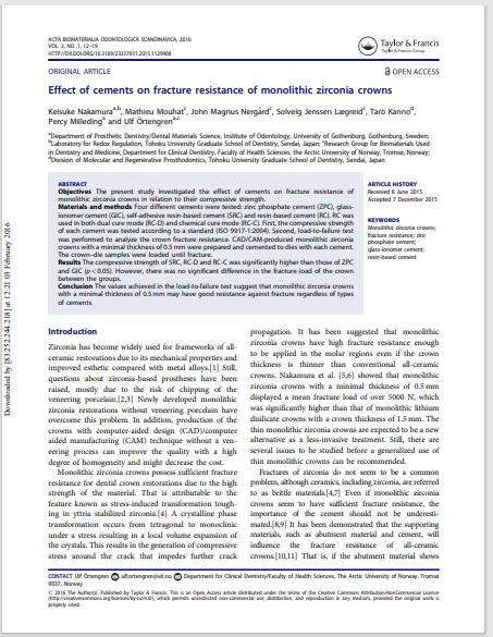 Effect of cements on fracture resistance of monolithic zirconia crowns