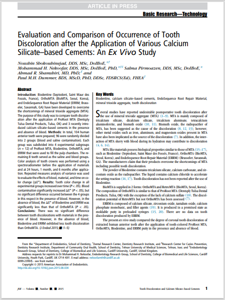 Evaluation and Comparison of Occurrence of Tooth Discoloration after the Application of Various Calcium Silicate–based Cements: An Ex Vivo Study