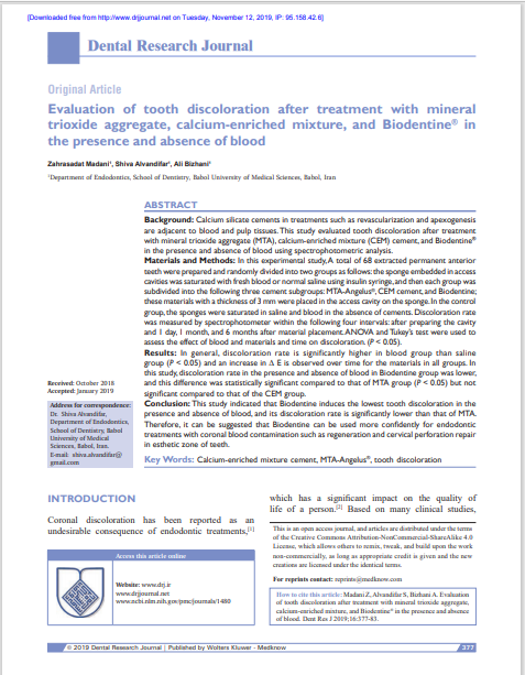 Evaluation of tooth discoloration after treatment with mineral trioxide aggregate, calcium‑enriched mixture, and Biodentine® in the presence and absence of blood