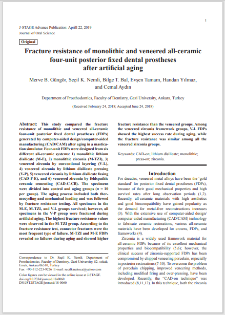 Fracture resistance of monolithic and veneered all-ceramic four-unit posterior fixed dental prostheses after artificial aging