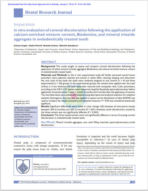 In vitro evaluation of coronal discoloration following the application of calcium‑enriched mixture cement, Biodentine, and mineral trioxide aggregate in endodontically treated teeth