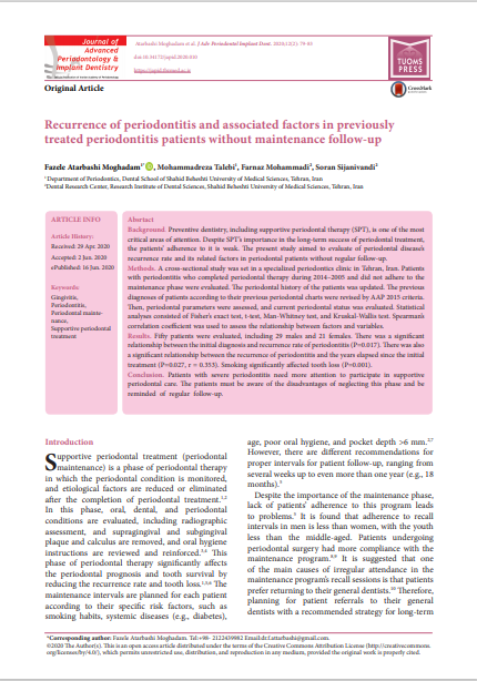 Recurrence of periodontitis and associated factors in previously treated periodontitis patients without maintenance follow-up