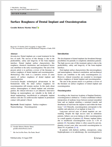 Surface Roughness of Dental Implant and Osseointegration