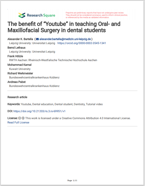 The benet of “Youtube” in teaching Oral- and Maxillofacial Surgery in dental students