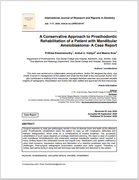 A Conservative Approach to Prosthodontic Rehabilitation of a Patient with Mandibular Ameloblastoma- A Case Report