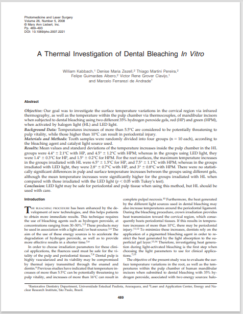 A Thermal Investigation of Dental Bleaching In Vitro