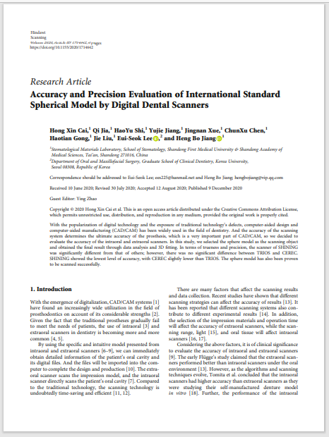 Accuracy and Precision Evaluation of International Standard Spherical Model by Digital Dental Scanners