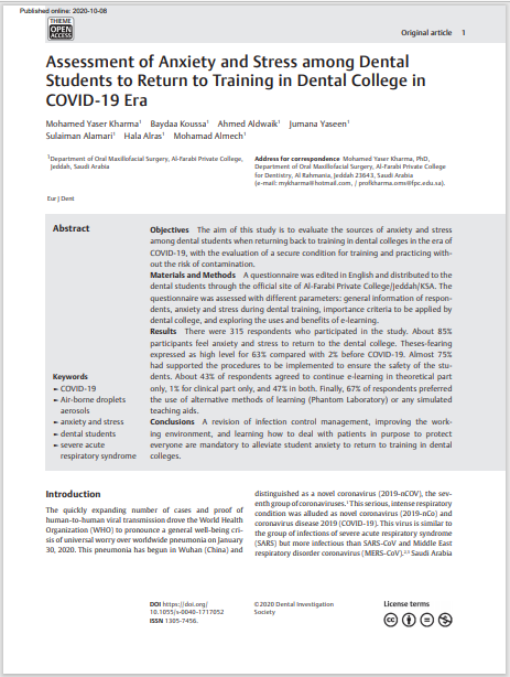 Assessment of Anxiety and Stress among Dental Students to Return to Training in Dental College in COVID-19 Era