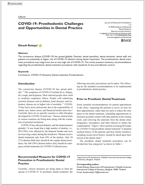COVID-19: Prosthodontic Challenges and Opportunities in Dental Practice