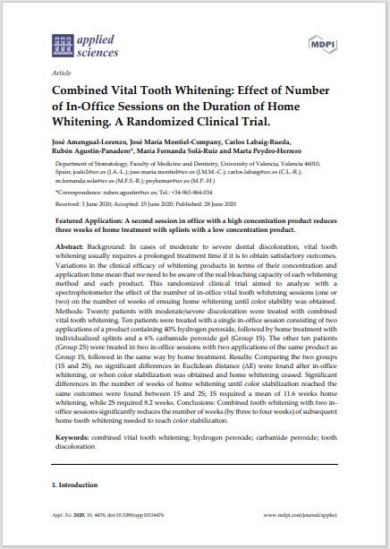 Combined Vital Tooth Whitening: Effect of Number of In-Office Sessions on the Duration of Home Whitening. A Randomized Clinical Trial.