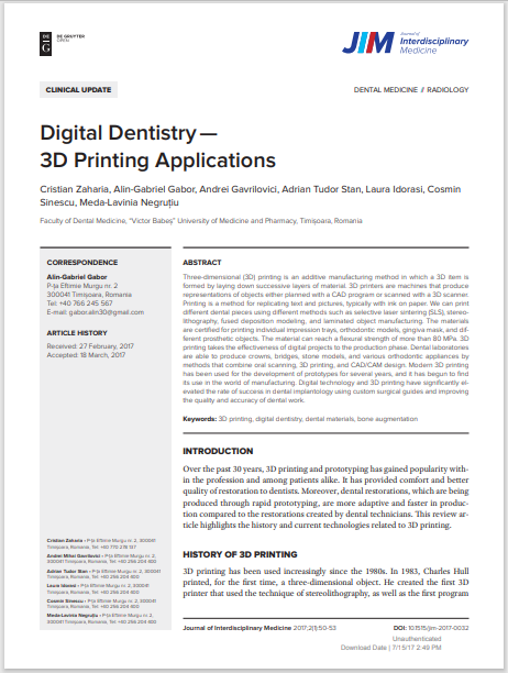 Digital Dentistry— 3D Printing Applications