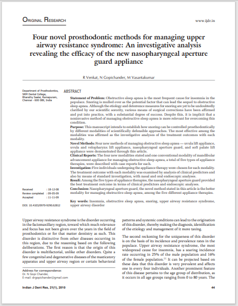 Four novel prosthodontic methods for managing upper airway resistance syndrome: An investigative analysis revealing the efficacy of the new nasopharyngeal aperture guard appliance