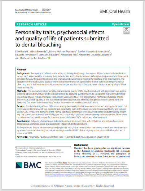 Personality traits, psychosocial efects and quality of life of patients submitted to dental bleaching