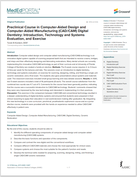 Preclinical Course in Computer-Aided Design and Computer-Aided Manufacturing (CAD/CAM) Digital Dentistry: Introduction, Technology and Systems Evaluation, and Exercise