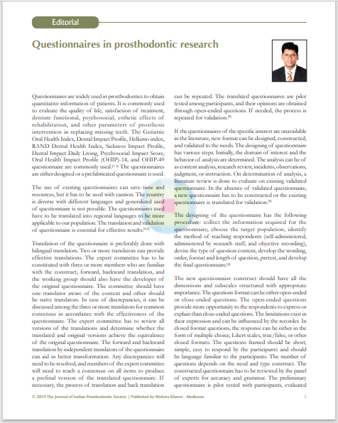 Questionnaires in prosthodontic research