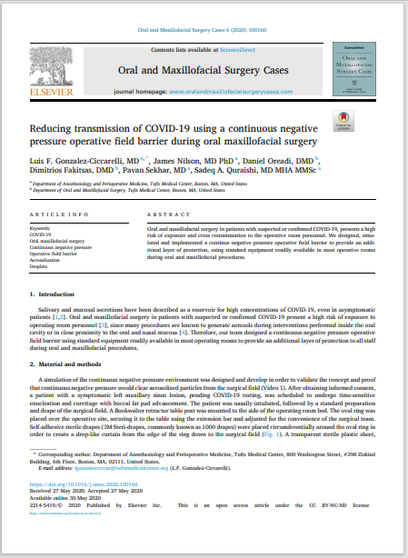 Reducing transmission of COVID-19 using a continuous negative pressure operative field barrier during oral maxillofacial surgery