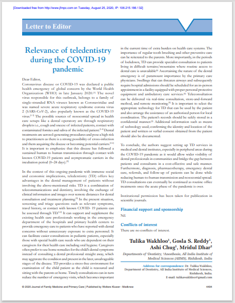 Relevance of teledentistry during the COVID-19 pandemic