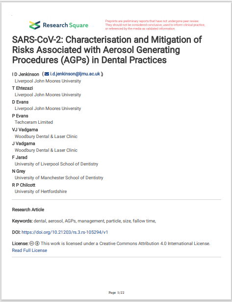 SARS-CoV-2: Characterisation and Mitigation of Risks Associated with Aerosol Generating Procedures (AGPs) in Dental Practices