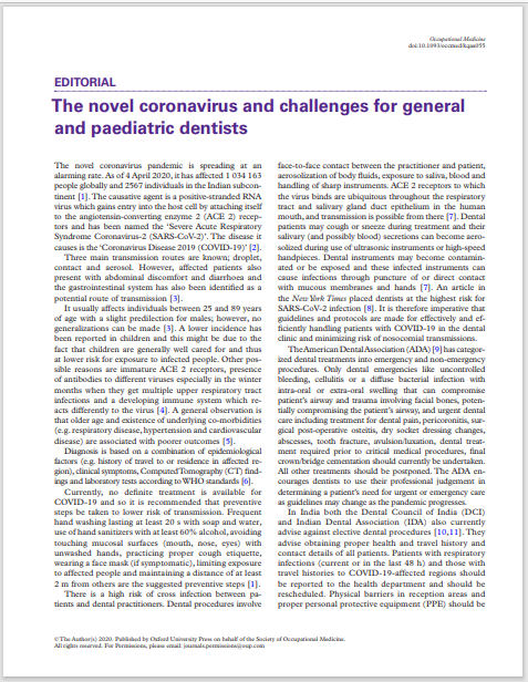 The novel coronavirus and challenges for general and paediatric dentists