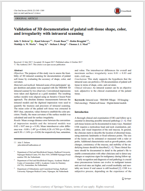 Validation of 3D documentation of palatal soft tissue shape, color, and irregularity with intraoral scanning