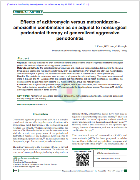 Effects of azithromycin versus metronidazole– amoxicillin combination as an adjunct to nonsurgical periodontal therapy of generalized aggressive periodontitis