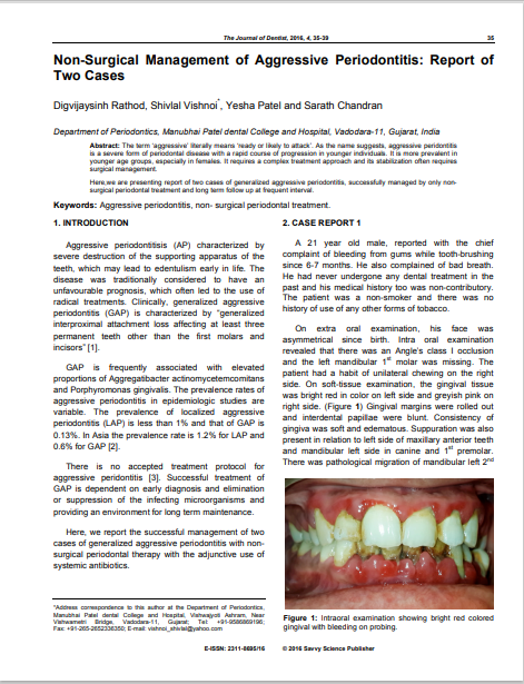 Non-Surgical Management of Aggressive Periodontitis: Report of Two Cases