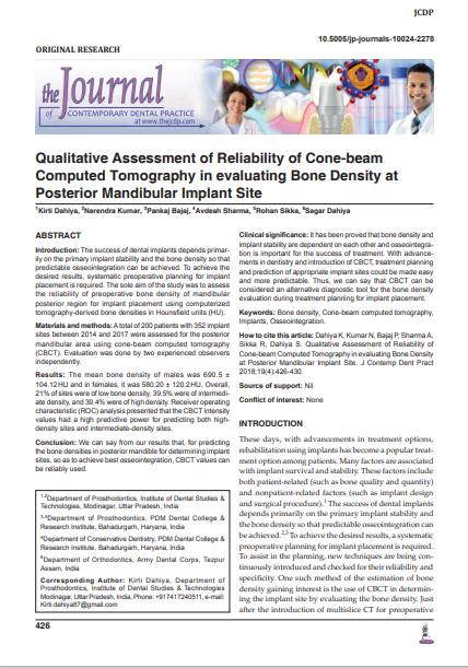 Qualitative Assessment of Reliability of Cone-beam Computed Tomography in evaluating Bone Density at Posterior Mandibular Implant Site