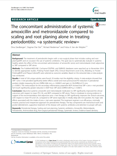 The concomitant administration of systemic amoxicillin and metronidazole compared to scaling and root planing alone in treating periodontitis: =a systematic review=