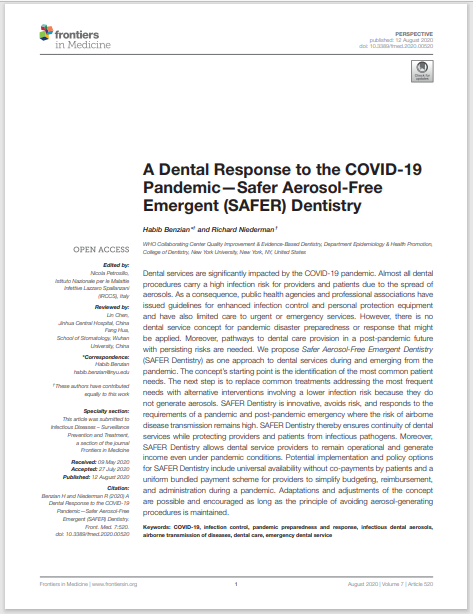 A Dental Response to the COVID-19 Pandemic—Safer Aerosol-Free Emergent (SAFER) Dentistry