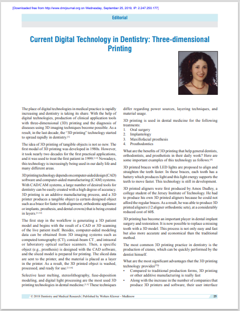 Current Digital Technology in Dentistry: Three‑dimensional Printing