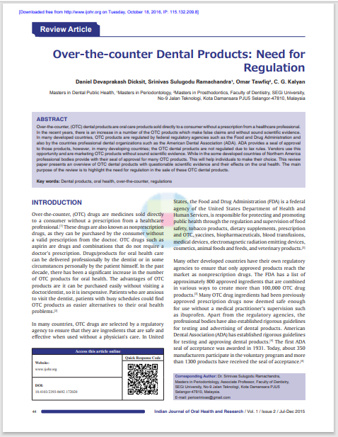 Over‑the‑counter Dental Products: Need for Regulation