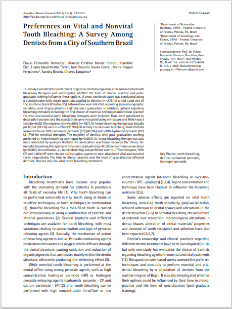 Preferences on Vital and Nonvital Tooth Bleaching: A Survey Among Dentists from a City of Southern Brazil